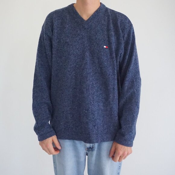 Tommy Hilfiger Blue Wool V-Neck Sweater Old Money Cabincore XL - Picture 1 of 9